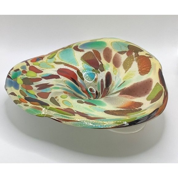 Multicolored Hand Blown Art Glass Bowl Dish Footed Polished Bottom - Picture 1 of 9